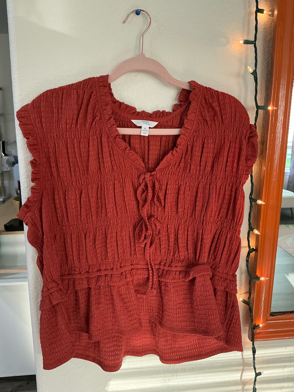 Time and Tru Rust Textured Tie-Front Blouse